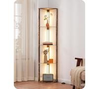 EDISHINE Lampadaire sur Pied Salon avec Étagères en Verre, Dimmable en Continu, 3 Températures de Couleur, Interrupteur à Pied, Bibliothèque d'Angle en Bois avec Lumière LED Pour Salon, Chambre, Noir