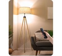 EDISHINE Lampadaire Trépied en Bois, Contrôle Télécommande et Pédale, E27 Ampoule Dimmable Incluse, 3000K - 6000K, Abat-jour en Lin