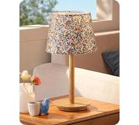 EDISHINE Lampe de Chevet avec Socle en Bois Massif, Abat-jour en Tissu Floral Vintage, 2700K Blanc Chaud, Lampe de Table LED avec Douille E27 pour Chambre et Salon, in mpoule LED 4W