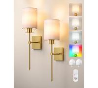 EDISHINE Lot de 2 Applique Murale Intérieure sans Fil, LED RGBW Dimmable | E27 avec ampoule incluse, télécommande, 12 couleurs, 2 modes, 3 températures de couleur, rechargeable USB, Blanc & Bronze