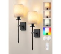 EDISHINE Lot de 2 Applique Murale Intérieure sans Fil, RGBW LED Dimmable | Avec télécommande, douille E27, ampoule incluse, rechargeable, 12 couleurs, 2 modes, 3 températures de couleur, Beige & Noir