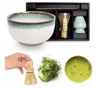 Edo Lot de 4 bols à matcha japonais d'origine avec balai et cuillère Emballage cadeau avec balai à matcha, balai chasen, fouet à matcha, support pour fouet à matcha, cuillère en bambou Chashaku (White