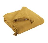 Edredon - Couverture - Dessus de lit - Bout de lit - avec 4 Pompons - Certifié Oeko-Tex - Gaze de Coton - 150 x 150 cm Gaia Coloris Jaune Safran