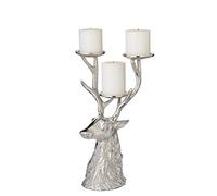 EDZARD Bougeoir pour Bougie Pilier Cerf, 3 Branches (H 32,5 cm), nickelé | pour bougies pilier Ø 6 cm, figurine de cerf avec bois, résistant à la ternissure, centre de table, idée cadeau
