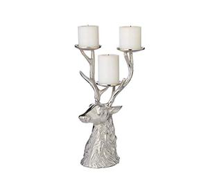 EDZARD Bougeoir pour Bougie Pilier Cerf, 3 Branches (H 32,5 cm), nickelé | pour bougies pilier Ø 6 cm, figurine de cerf avec bois, résistant à la ternissure, centre de table, idée cadeau