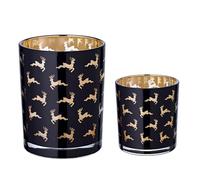 EDZARD Photophore Luna Lot de 2 (H 8 + 13 cm, Ø 7 + 10 cm), en Verre, Noir | motif cerf, reflet doré à la lueur de la bougie, deux hauteurs pour un jeu de lumière, pour bougies chauffe-plat standard