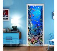 Effet 3D Trompe L'Œil Sticker Porte Mural - Autocollant Papier Peint pour Salon, Cuisine, Chambre, Salle de Bain - Poisson de Corail de Mer 77X200cm
