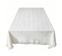 EffiFish Nappe blanche pour table à manger, motif gaufré en mélange de polyester et coton avec pompons, housse anti-poussière lavable pour cuisine (130 x 230 cm)