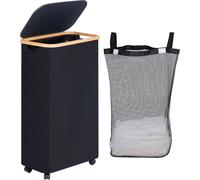 efluky panier à linge à roulettes, 75L noir poignées en bambou sac amovible
