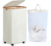 Efluky XL Panier à linge avec roulettes et couvercle 100L Bambou Beige