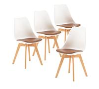 EGGREE Lot de 4 Chaises Salle à Manger Scandinaves SGS Tested Chaises de Cuisine Rembourrée en Cuir PU Chaise de Bureau Con Pieds en Bois de Hêtre Massif, Blanc & Marron