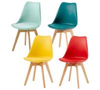 EGGREE Lot de 4 Chaises Scandinaves Multicolores, Chaises de Salle à Manger et de Cuisine, Assise Rembourrée en Simili Cuir PU, Pieds en Bois de Hêtre, Jaune/Rouge/Vert Menthe/Turquoise
