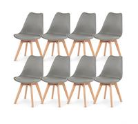 EGGREE Lot de 8 Chaises Salle à Manger Scandinaves Chaises de Cuisine, Rétro Tulip Rembourrée Chaise de Salle de Bureau, Pieds en Bois de Hêtre Massif, Gris