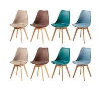 EGGREE Lot de 8 Chaises Scandinaves Multicolores, Chaises de Salle à Manger et Cuisine, Assise Rembourrée en Cuir PU, Pieds en Bois de Hêtre, Morandi Bleu Clair/Turquoise/Kaki Clair/Brun Chocolat