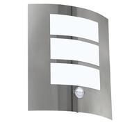Eglo Applique murale extérieure City avec détecteur de mouvement, éclairage d’extérieur en acier inox et plastique, spot en aspect argenté et blanc, douille E27, IP44