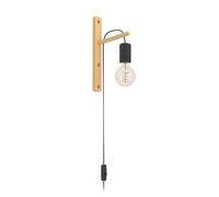Eglo Applique murale intérieure Pockley, lampe vintage nature, éclairage | mural réglable en hauteur avec prise et interrupteur, bois clair et métal noir, certifié FSC, douille E27