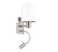 Eglo Applique murale LED Pasteri, applique textile 2 flammes, matériau : acier, tissu, couleur : nickel mat, blanc, cuivre, douille : E27, avec interrupteur et lumière de lecture LED flexible