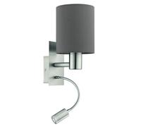 EGLO Applique murale Pasteri, lampe textile pour chambre avec LED lecture | montage mural en métal argenté et tissu anthracite brun, douille E27