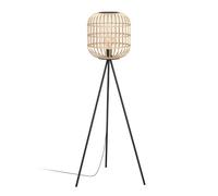 Eglo Lampadaire Bordesley, lampe sur pied vintage 1 flamme, style naturel, bohème, hygge, lampadaire en acier noir et bois couleur naturelle, lampe salon avec interrupteur au pied, douille E27