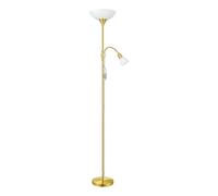 Eglo Lampadaire Up 2, lampe sur pied 2 flammes en acier laiton mat et verre et plastique blanc, lampe de salon avec interrupteur, projecteur de plafond avec lampe de lecture, prise E27 + E14