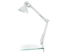 Eglo Lampe de bureau à pince Firmo, lampe de table de chevet vintage, industrielle, rétro, luminaire en acier et plastique blanc brillant avec interrupteur, douille E27