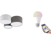 Eglo Lampe de plafond Pastore, plafonnier dimmable vintage et rétro en textile avec 3 ampoules LED E27 connectées connect.z, acier et tissu blanc, marron anthracite et gris, RGB, blanc chaud - froid