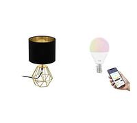 Eglo Lampe de table Carlton 2, lampe de chevet vintage avec ampoule LED E14 connectée connect.z, luminaire à poser dimmable en acier et tissu doré et noir, RGB, blanc chaud - froid