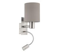 Eglo Lampe murale LED PASTERI, applique murale en textile à 2 flammes, matériau : acier, tissu, couleur : nickel mat, taupe, douille : E27, avec interrupteur et lampe de lecture flexible