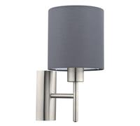 Eglo Lampe murale PASTERI, applique murale en textile à flamme, matériau : acier, tissu, couleur : nickel mat, gris, douille : E27, avec interrupteur