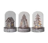 EGLO LED décoration de Noël, Lot de 3 Cloches en Verre décoratives, Paysage | hivernal à piles avec éclairage, décoration de table Noël en bois rustique et verre, lumière blanc chaud, 5,5 x 8,5 cm