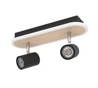 EGLO LED lampe de plafond Rimbocchi, luminaire ovale avec 2 spots, barre pivotante, projecteur de plafond en métal noir et aspect bois, lumière blanc chaud, L 34 cm