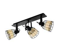 Eglo Plafonnier Anwick 1, lampe de plafond 3 flammes vintage, style bohème, spots en acier et rotin, lampe de salon noire et naturelle, lampe de cuisine, spots avec douille E27