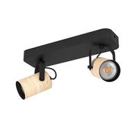 Eglo Rail spot LED Cayuca, rampe de 2 spots orientables, barre de spots | pivotants, plafonnier en bois naturel et métal noir, lampe de plafond avec ampoules GU10, blanc chaud