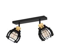 Eglo Rail spot Stillington 1, rampe de 2 spots orientables, FSC100HB, barre | de spots pivotants au style industriel, plafonnier en métal noir et bois naturel, lampe de plafond avec douille E27