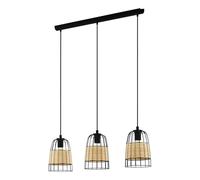 Eglo Suspension Anwick, lampe suspendue 3 flammes vintage, style bohème, suspension en acier et rotin, lampe pour table à manger, lampe de salon suspendue en noir et naturel, douille E27