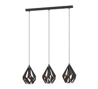 Eglo Suspension Carlton 1, lustre vintage à 3 lampes, luminaire intérieur rétro avec abat-jour suspendus en acier noir et cuivre, douille E27