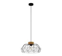 Eglo Suspension luminaire Padstow, lustre suspendu vintage, industriel et | rétro, lampe de salon et de salle à manger en acier noir et bois naturel, douille E27, certifié FSC