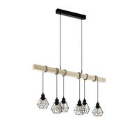 Eglo Suspension luminaire Townshend 5, lustre à 6 lampes au design vintage et industriel, abat-jour suspendus rétro en acier noir et en bois, douille E27
