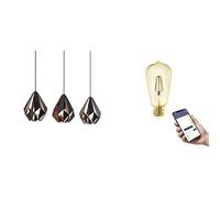 Eglo Suspension luminaire vintage Carlton 1, lampe de plafond suspendue rétro avec 3 ampoules LED E27 connectées connect.z, lustre dimmable en acier noir et cuivre, blanc chaud