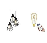 Eglo Suspension luminaire vintage Tarbes, lampe de plafond suspendue style industriel avec 3 ampoules LED E27 connectées connect.z, lustre dimmable en acier noir, Ø 31 cm, blanc chaud-froid