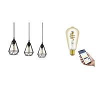 Eglo Suspension luminaire vintage Tarbes, lampe de plafond suspendue style industriel avec 3 ampoules LED E27 connectées connect.z, lustre dimmable, acier noir, blanc chaud-froid, 79 cm