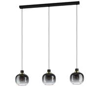 Eglo Suspension Oilella 3 flammes verre fumé pour table à manger, lampe | plafond métal et globe noir-gris avec laiton, douille E27, L 95 cm