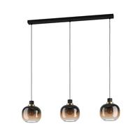 Eglo Suspension Oilella 3 flammes verre fumé pour table à manger, métal | noir-brun et laiton, boule en verre, douille E27, L 95 cm