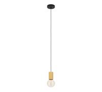 Eglo Suspension Pozueta 1, luminaire pendentif pour salon et salle à | manger, FSC100HB, douille E27 avec câble, lampe de plafond suspendue en métal noir et bois naturel, Ø 6,5 cm