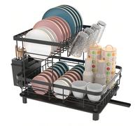 Égouttoir à vaisselle avec plaque d'égouttage et buse rotative à 360°, égouttoir à vaisselle double couche, égouttoir à vaisselle avec porte-couverts et porte-gobelets [Double couche grande capacité g