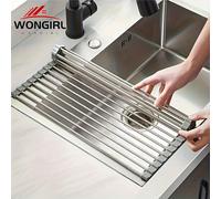 Égouttoir à vaisselle enroulable en acier inoxydable - pliable, gain de place, au-dessus de l'évier, résistant à la rouille, facile à nettoyer, organisateur d'évier de cuisine, égouttoir à vaisselle A