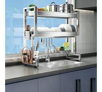 Égouttoir à vaisselle extensible à 2 niveaux - Égouttoir de cuisine en acier inoxydable avec planche d'égouttement, organisateur peu encombrant pour les petites cuisines, design élégant pour un