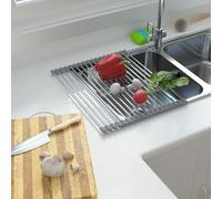 Égouttoir à vaisselle extensible et enroulable pour évier, égouttoir antidérapant et multifonctionnel en acier inoxydable avec revêtement en silicone, 18 tiges, 33 x 29–55 cm