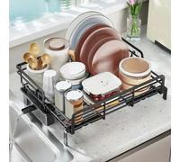 Égouttoir à vaisselle - Panier égouttoir pour plan de travail de cuisine - Extensible, avec bac d'égouttage, réglable, en métal - Noir