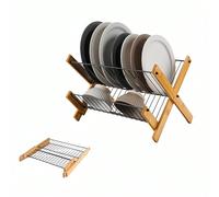 Égouttoir à vaisselle pliable en forme de X à 2 niveaux en bois et métal, support de rangement pliable pour assiettes, bols et tasses, organisateur de séchage de vaisselle pour comptoir de cuisine, ad